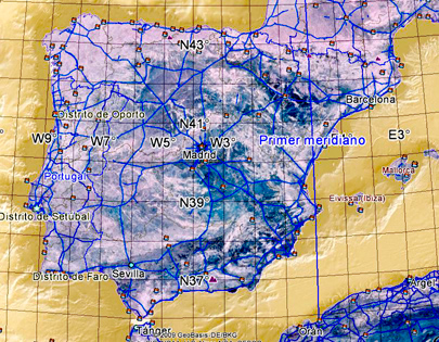 Rango de latitudes (36º a 43,5º N) y longitudes (3º E a 9º O) terrestres de la península ibérica